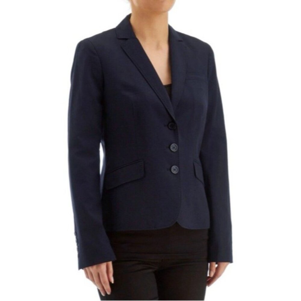 Anne Klein Jacket Blazer 14 Navy Blue Classic 3 Button Stretch Wool Polyester